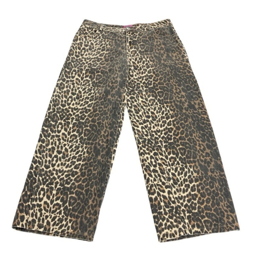 Edikted Leopard Print Wide Leg Baggy Jeans Women L Mid Rise Denim Y2K Streetwear